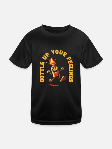 Bottle Up Your Feelings Bottle motif with flames - Kids Functional T-Shirt - black - Front