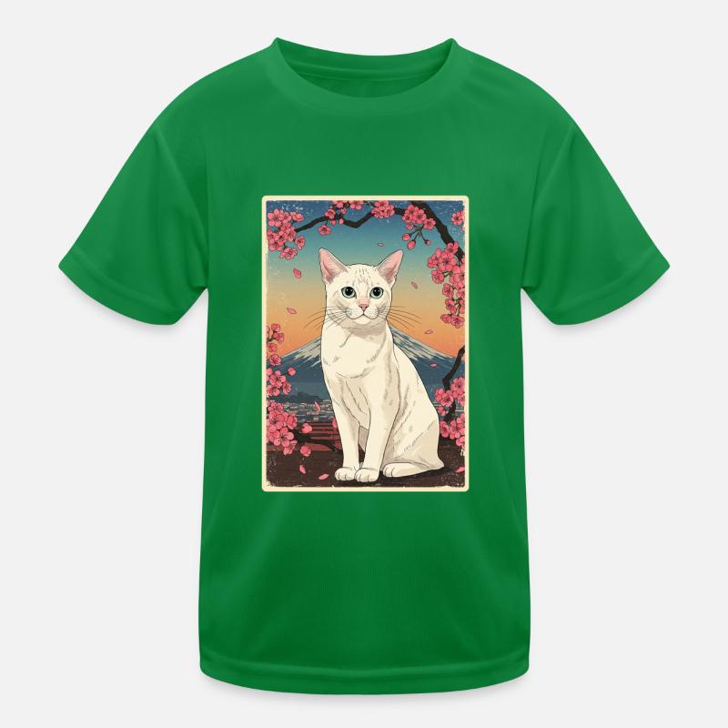 White Cat Cherry Blossom Kinder Funktions-T-Shirt