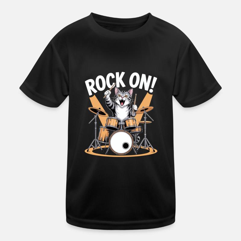 Rock On Cat Drum Art Kids Functional T-Shirt
