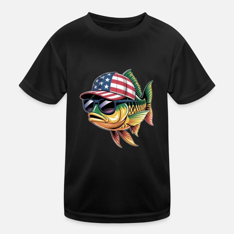 Cooler Fisch Mit Sonnenbrille Und USA-Cap Kinder Funktions-T-Shirt