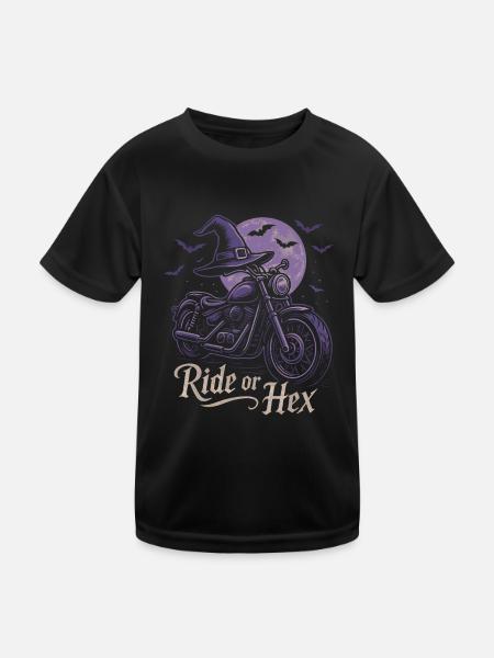 Witch ride on motorcycle at full moon - Kids Functional T-Shirt - black - Front