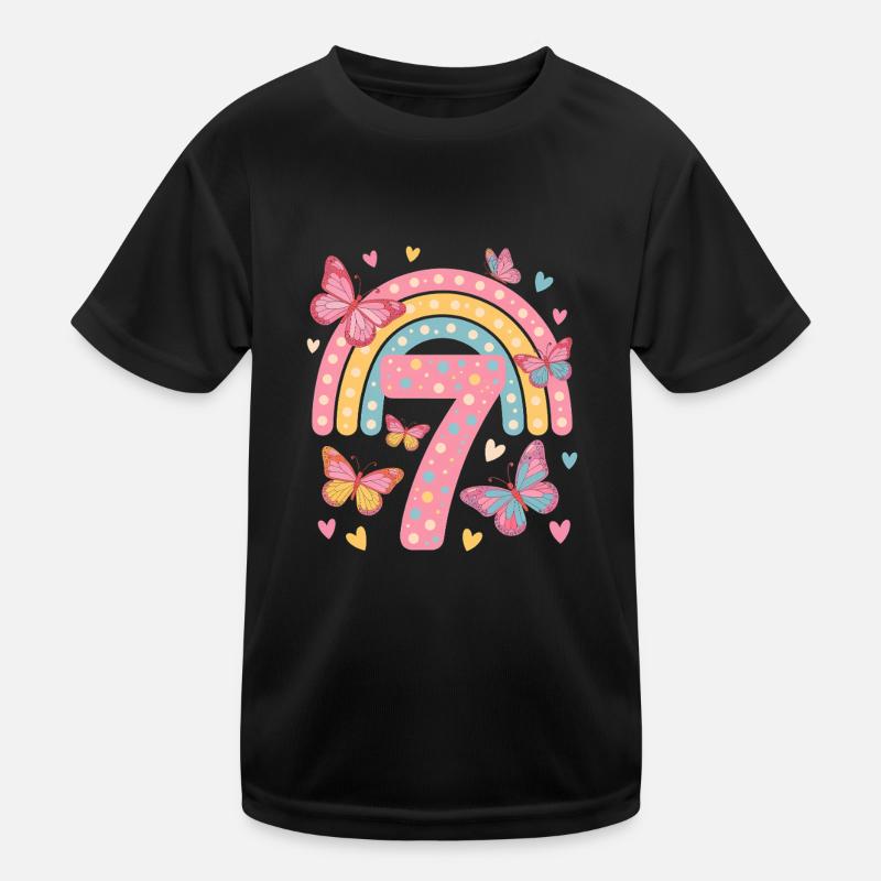 Regenbogen Schmetterling 7. Geburtstag Mädchen Kinder Funktions-T-Shirt