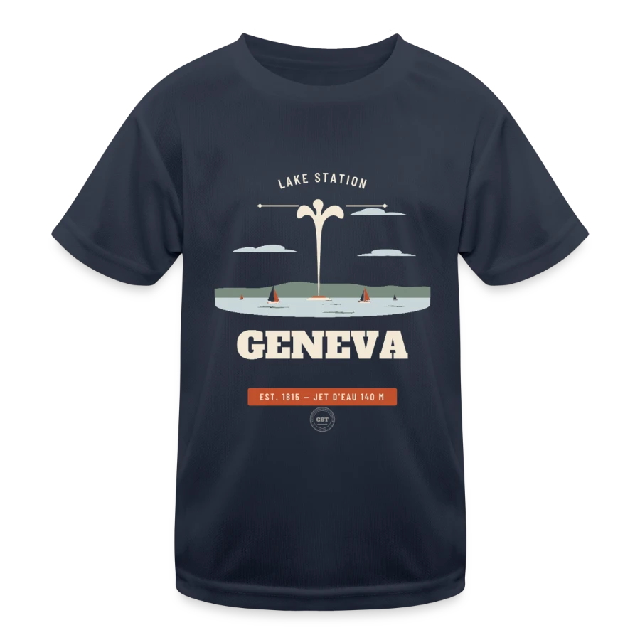 Geneva badge on a kids functional t-shirt, navy