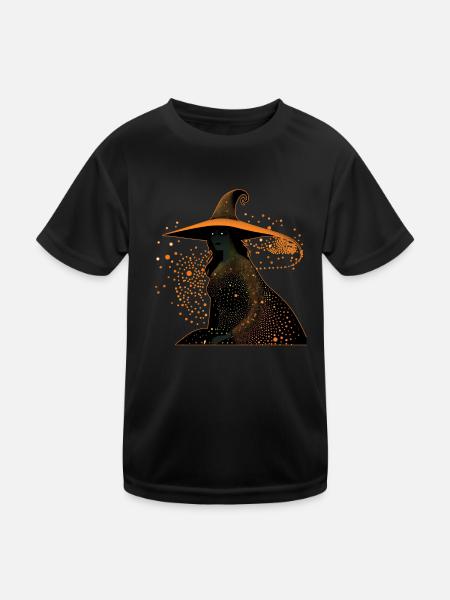 Hexen-Silhouettenprofil mit orangefarbener Umrandung, - Kinder Funktions-T-Shirt - Schwarz - Vorne