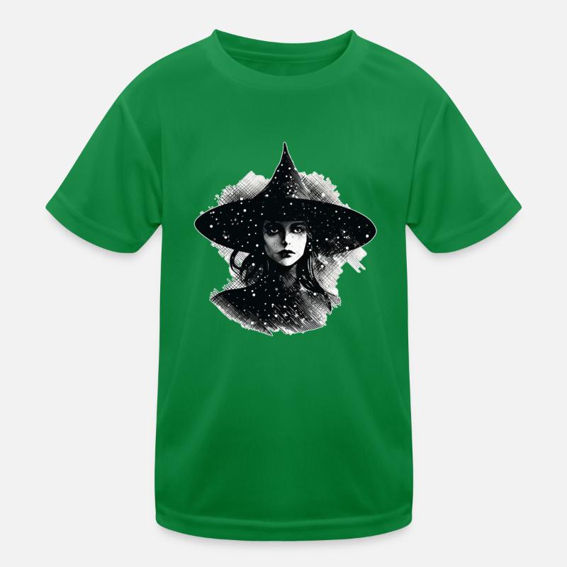 Witch's head in black and white, Halloween Kids Functional T-Shirt