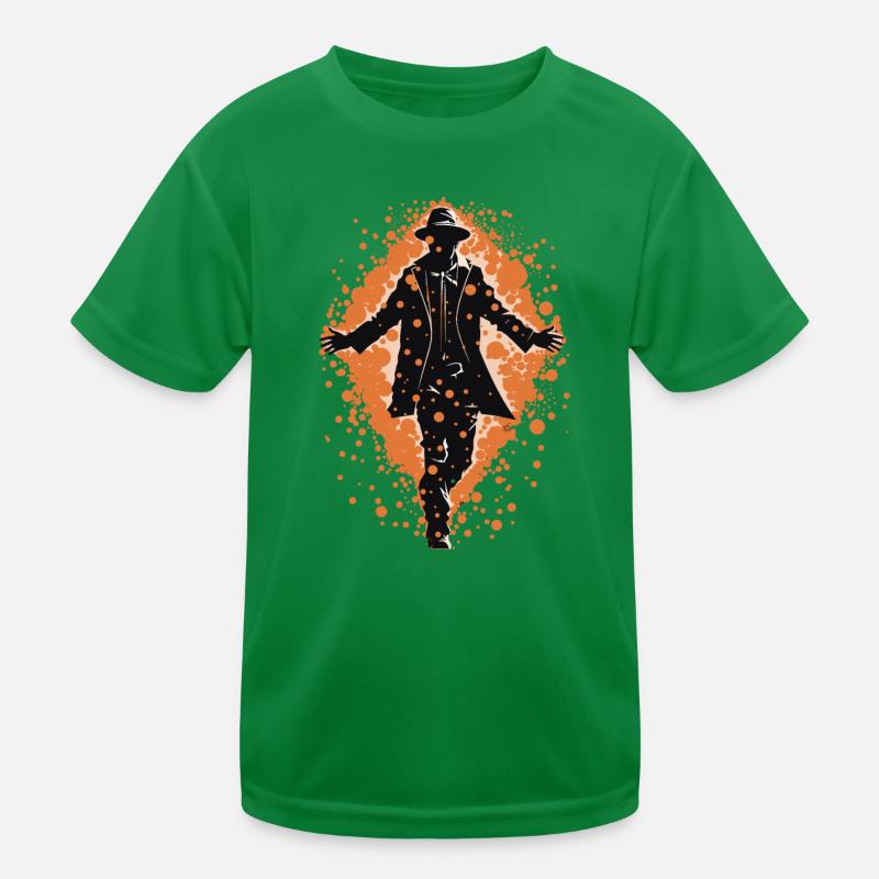 Silhouette eines Mannes, der geht, orangefarbener Hintergrund Kinder Funktions-T-Shirt