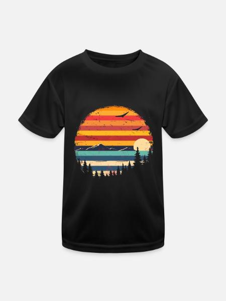 Sunset Forest Mountain Outdoor Retro 80s Vintage 3 - Kinder Funktions-T-Shirt - Schwarz - Vorne