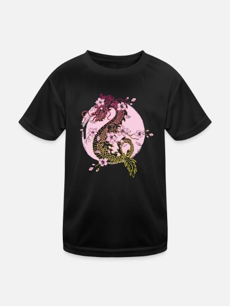 Japanese Dragon Cherry Blossoms Sakura Dragon - Kids Functional T-Shirt - black - Front