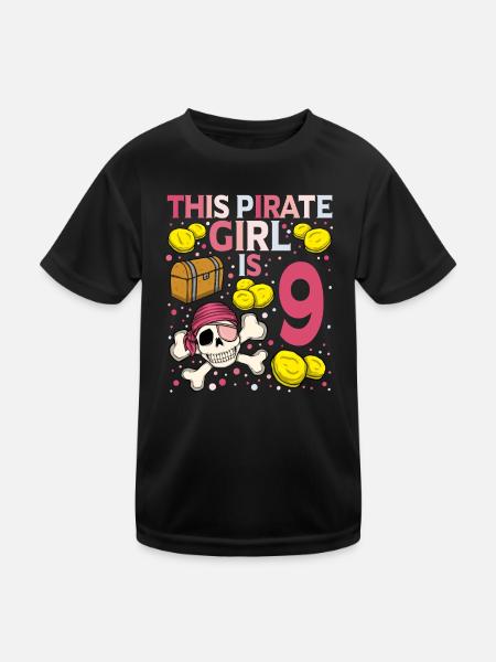 Skeleton This Pirate Is 9th Pirate Birthday - Kids Functional T-Shirt - black - Front