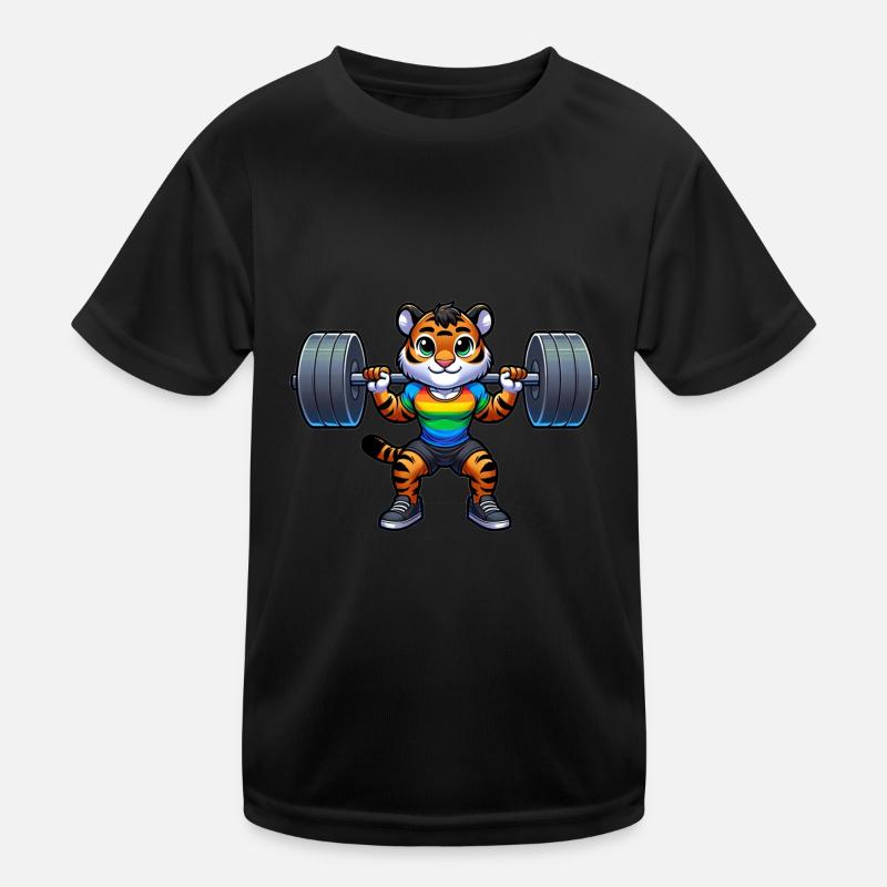 Rainbow Tiger Squatting In The Gym Kids Functional T-Shirt