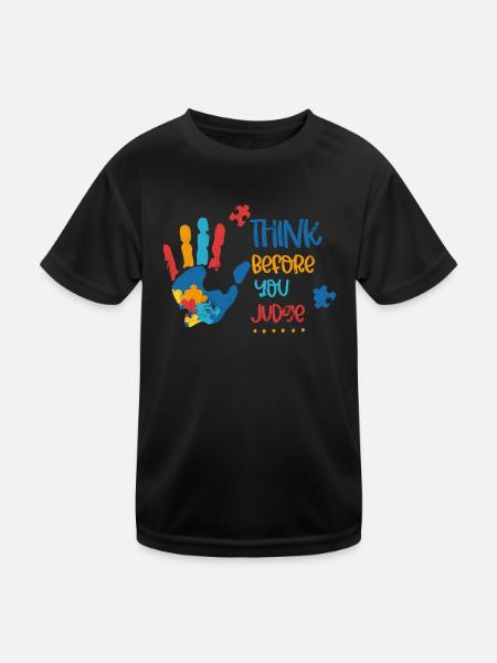 NACH DENKEN VOR URTEILEN HAND PUZZLE MOTIVE SPRUCH - Kinder Funktions-T-Shirt - Schwarz - Vorne