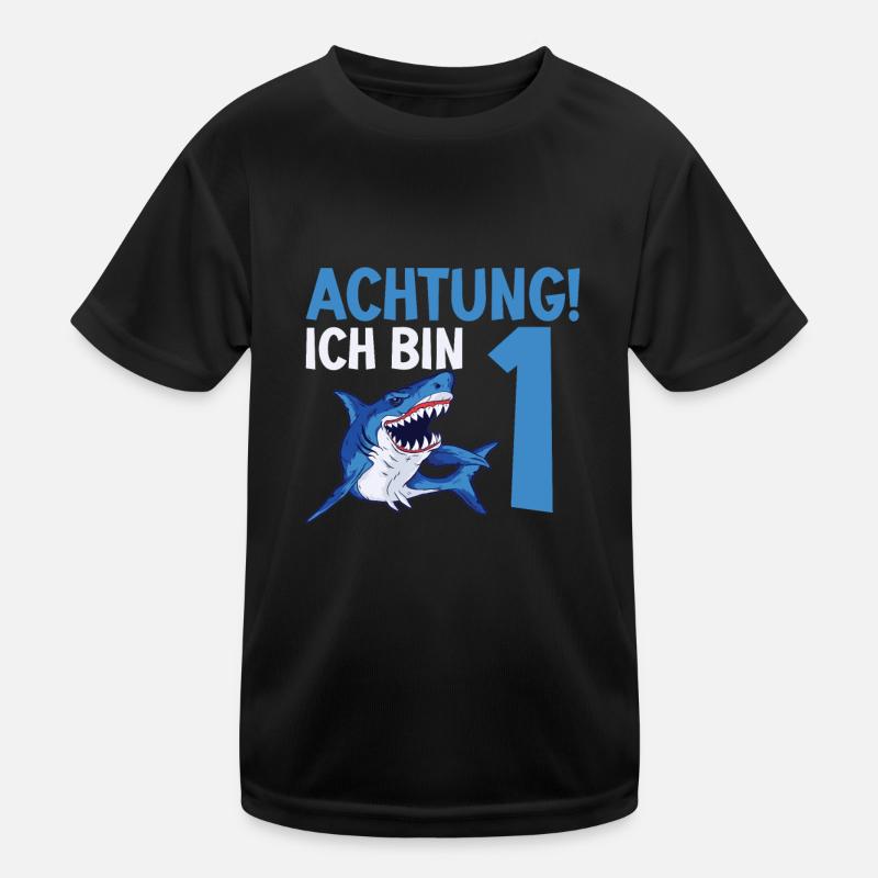 Achtung ich bin 1. Kindergeburtstag Hai Kinder Funktions-T-Shirt