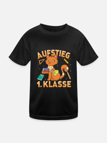Aufstieg 1. Klasse Katze - Kinder Funktions-T-Shirt - Schwarz - Vorne