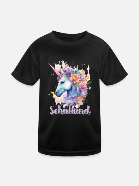 Einhorn Blumen Schulkind Einschulung 2023 - Kinder Funktions-T-Shirt - Schwarz - Vorne