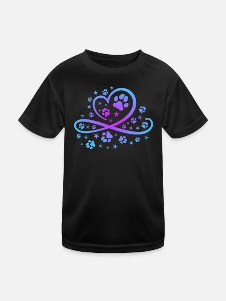 Herz mit Pfötchen und Sternen - Kinder Funktions-T-Shirt - Schwarz - Vorne