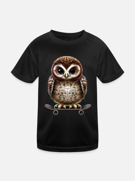 Skater Eule - Kinder Funktions-T-Shirt - Schwarz - Vorne