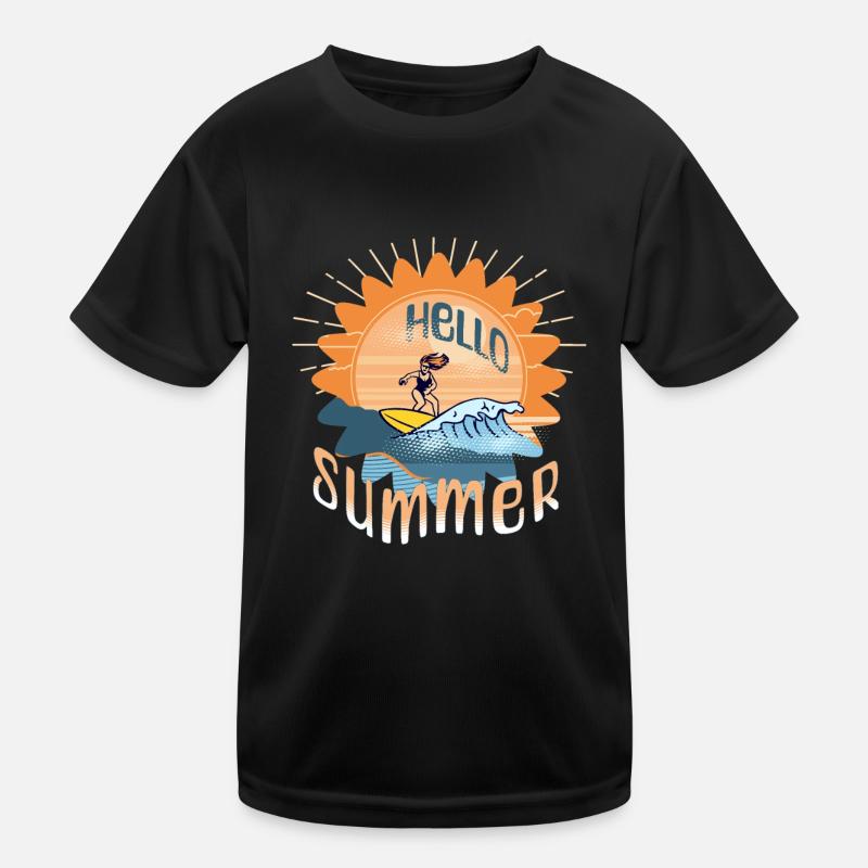 Hello Summer Surfing Surfboard Woman Summer Vacation Kids Functional T-Shirt