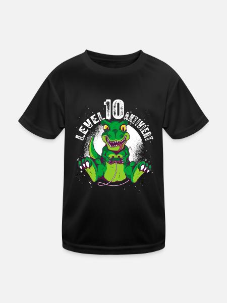 Level 10 Jahre, 10. Geburtstag Gamer Dino T-Rex - Kinder Funktions-T-Shirt - Schwarz - Vorne