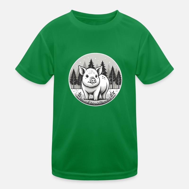 Rustic Pig Illustration in Forest Kids Functional T-Shirt