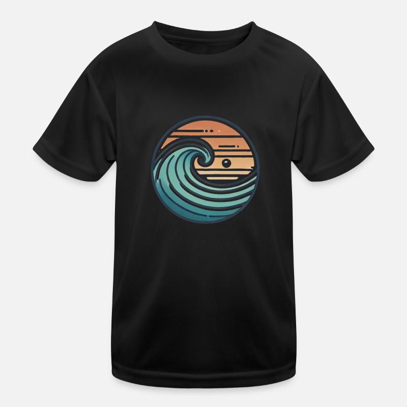 Vintage Ocean Wave Sunset Badge - Kids Functional T-Shirt - black