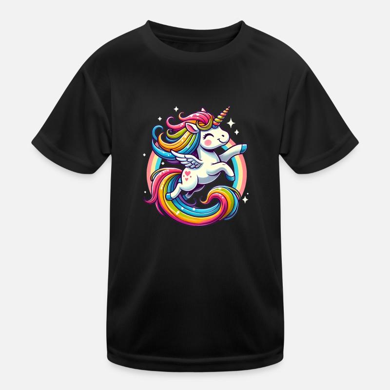 Fröhliches Regenbogen-Einhorn-Design Kinder Funktions-T-Shirt