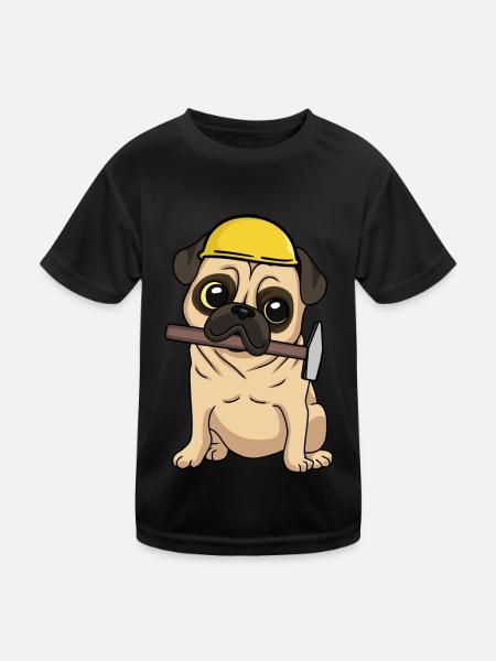 Baustelle Tiefbau Mops Handwerker bauen Hammer Job - Kinder Funktions-T-Shirt - Schwarz - Vorne