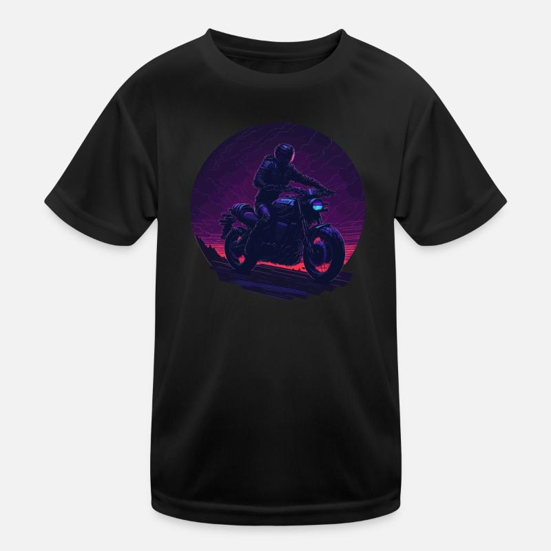 Synthwave Motorcyclist Action Shot Sunset T-shirt sport Enfant