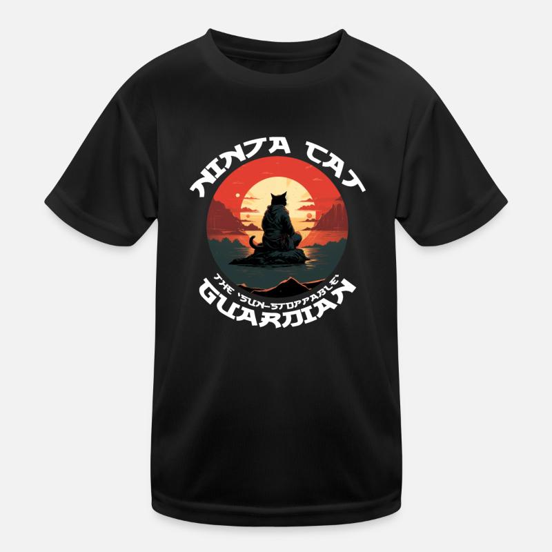 Chat noir ninja devant le soleil rouge T-shirt sport Enfant