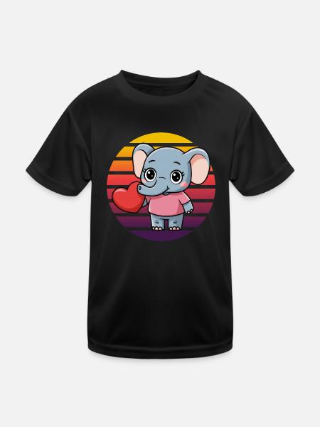 Elephant with Heart - Retro Vintage Sunset - Kids Functional T-Shirt - black - Front