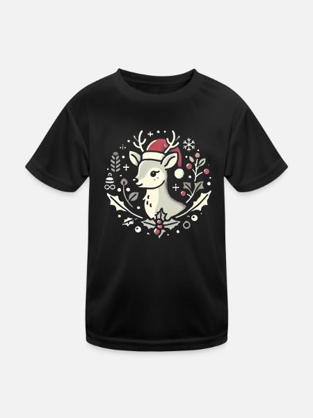 Festlicher Weihnachtshirsch mit Weihnachtsmütze - Kinder Funktions-T-Shirt - Schwarz - Vorne