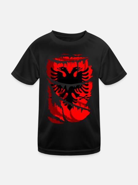 Flagge Albaniens, zerbrochener oder zerrissener Stoffeffekt - Kinder Funktions-T-Shirt - Schwarz - Vorne