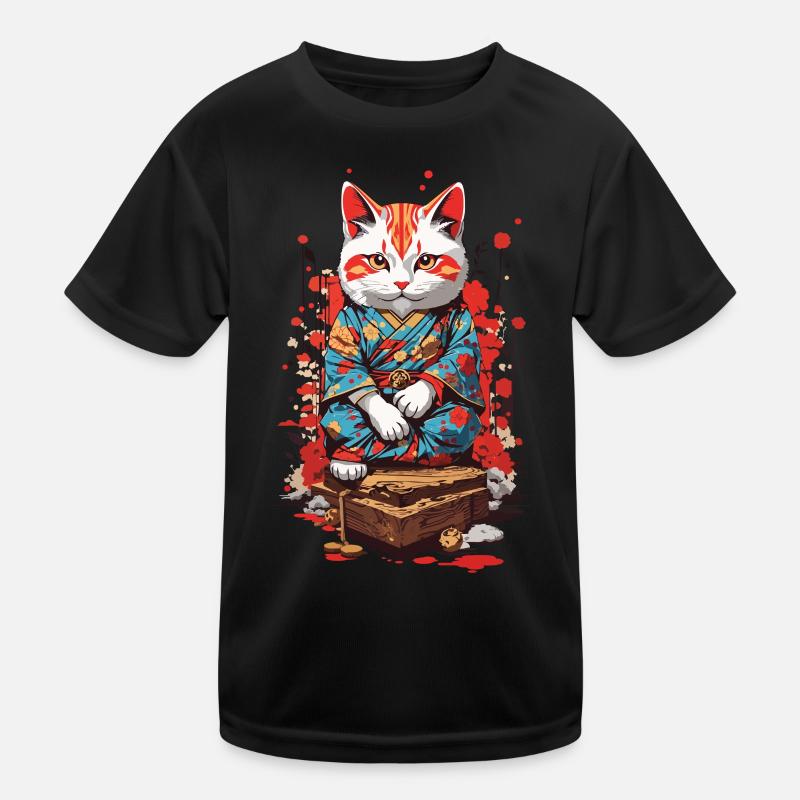 Ukiyo-E Stil Glück und Katze Glücksbringer Katzen Kinder Funktions-T-Shirt