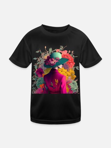 Model mit Hut und Blumen Geschenk - Kinder Funktions-T-Shirt - Schwarz - Vorne