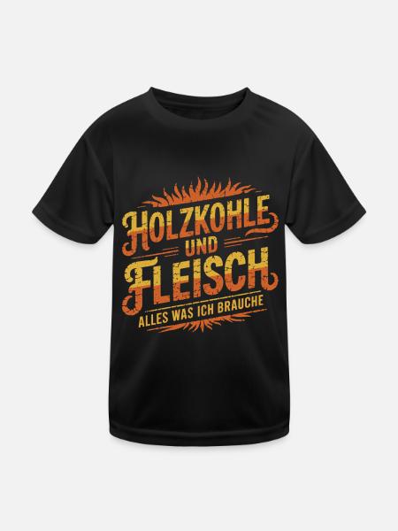 Holzkohle und Fleisch Grill BBQ - Kinder Funktions-T-Shirt - Schwarz - Vorne
