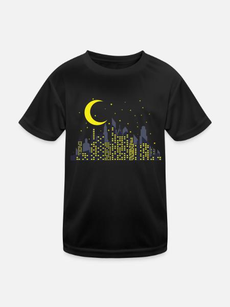 Nacht Skyline mit Halbmond Gebäude Stadt - Kinder Funktions-T-Shirt - Schwarz - Vorne
