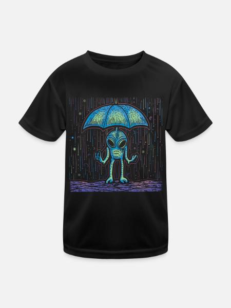 Alien Außerirdische Regen Regenschirm - Kinder Funktions-T-Shirt - Schwarz - Vorne