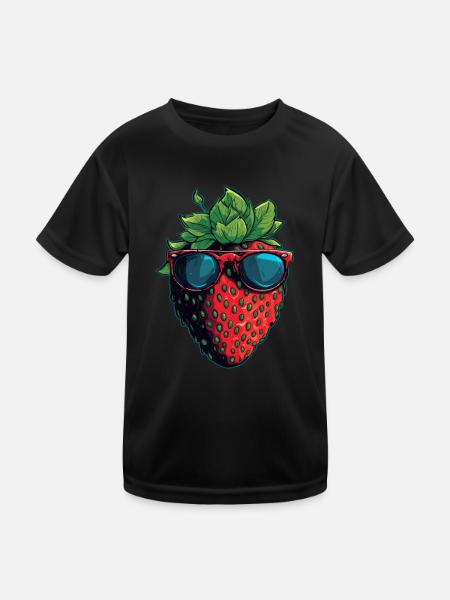 Lustige Erdbeere mit Sonnenbrille Frucht Tropisch - Kinder Funktions-T-Shirt - Schwarz - Vorne