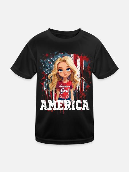 Patriotisches Amerikanisches Mädchen USA für - Kinder Funktions-T-Shirt - Schwarz - Vorne
