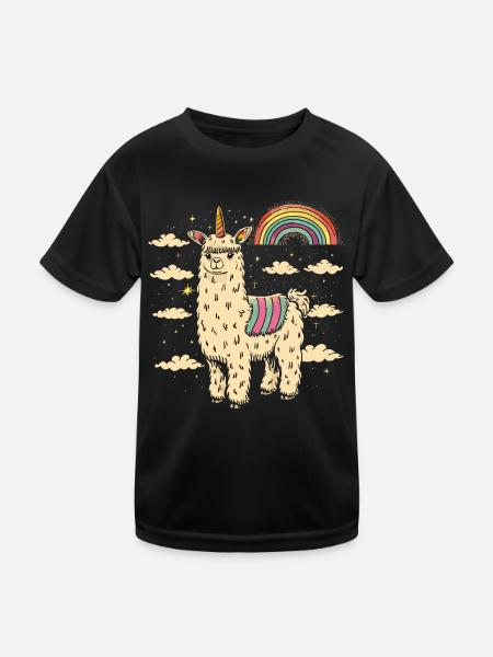Flippiges Alpaka mit bunten Regenbogen-Streifen - Kinder Funktions-T-Shirt - Schwarz - Vorne
