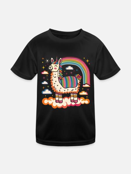 Flippiges Alpaka mit bunten Regenbogen-Streifen - Kinder Funktions-T-Shirt - Schwarz - Vorne