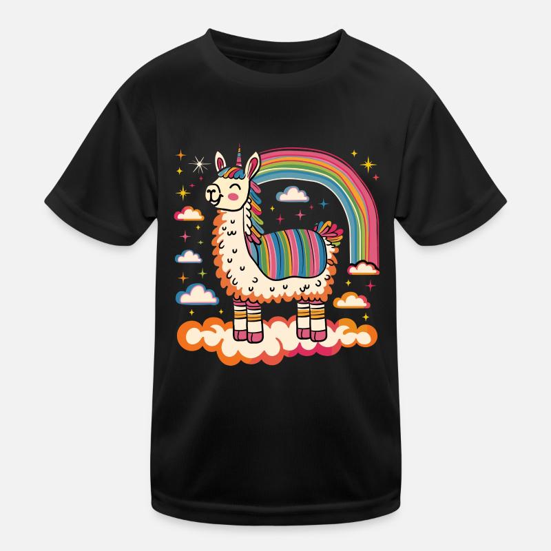 Flippiges Alpaka mit bunten Regenbogen-Streifen Kinder Funktions-T-Shirt
