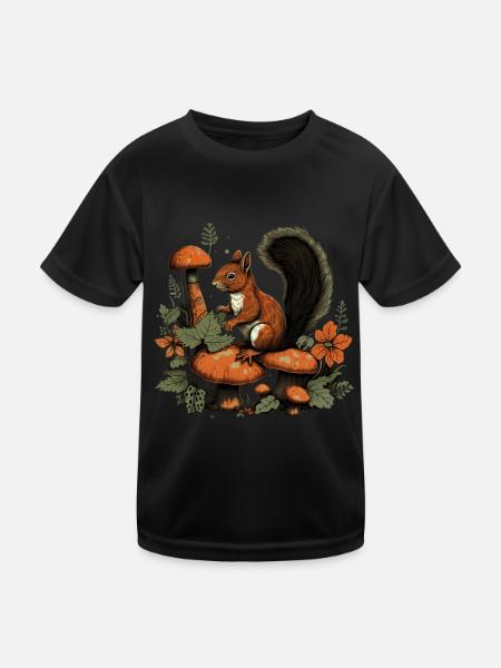 Herbst Eichhörnchen auf Orange Pilz Wald Szene - Kinder Funktions-T-Shirt - Schwarz - Vorne