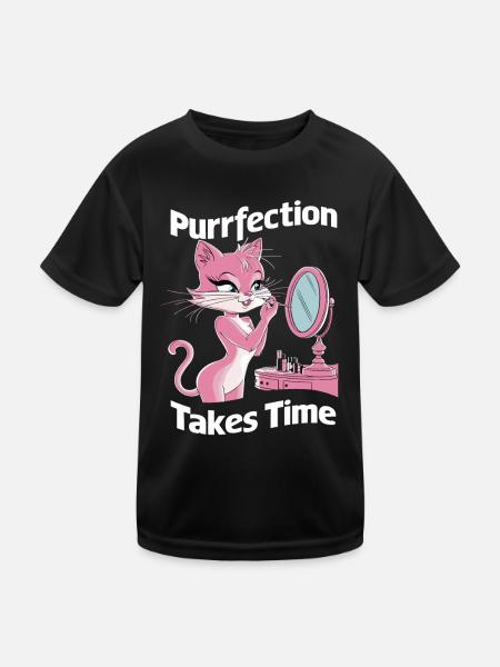 Purrfection Takes Time Niedliche Katze - Kinder Funktions-T-Shirt - Schwarz - Vorne
