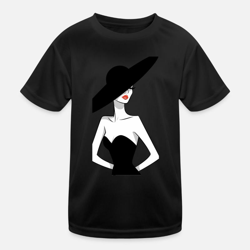 Dame élégante en robe noire avec grand chapeau T-shirt sport Enfant