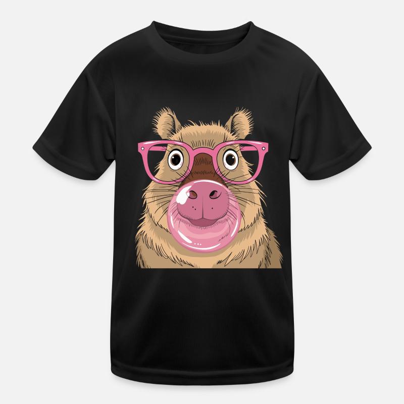 Capybara with pink glasses and bubblegum bubbles style - Kids Functional T-Shirt - black