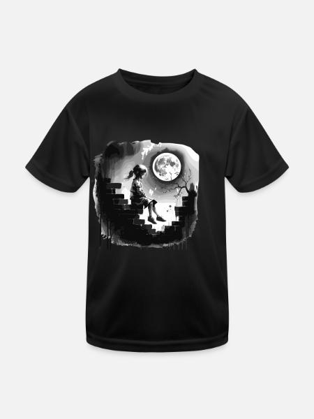 Mädchen Auf Einer Mauer Unter Vollmond - Kinder Funktions-T-Shirt - Schwarz - Vorne