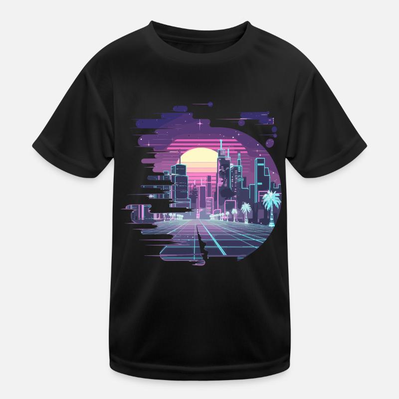 Futuristic Neon City Skyline at Kids Functional T-Shirt