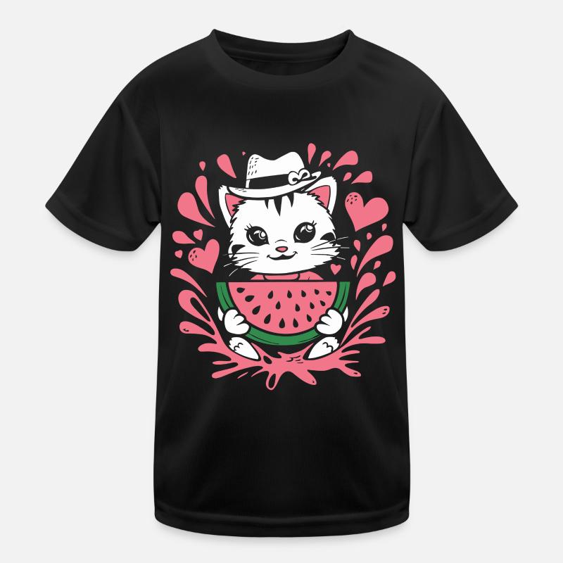 Süßes Kätzchen Mit Wassermelone Und Herzspritzern - Kinder Funktions-T-Shirt - Schwarz