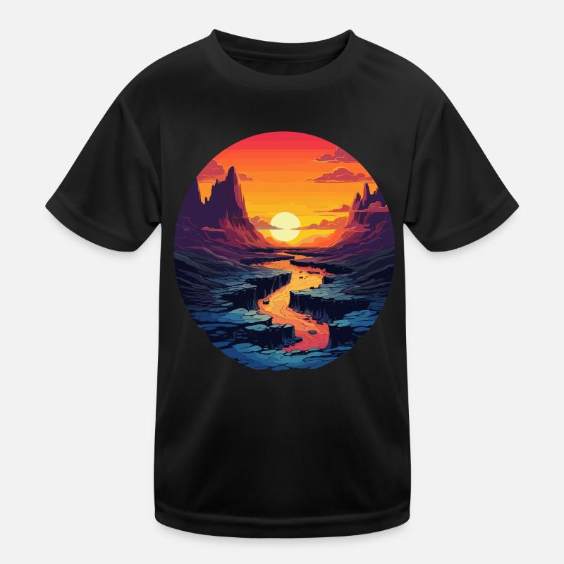 Coucher de soleil sur la rivière et les montagnes dans le T-shirt sport Enfant