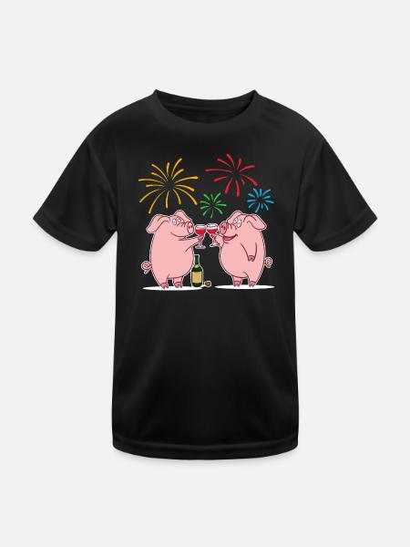 Glücksschwein Glücksbringer Silvester Neujahr - Kinder Funktions-T-Shirt - Schwarz - Vorne
